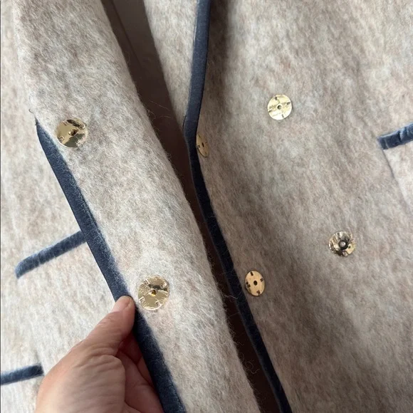 Motf Wool Blend Beige Ivory Long Duster Coat/Jacket Sz L Blue Velvet Trim - Picture 6 of 14